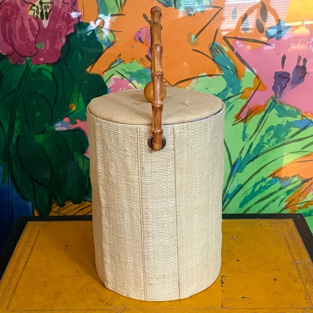 Vintage MCM GrassCloth Raffia Burlap Ice Bucket Bamboo Handle Tiki Bar Tropical